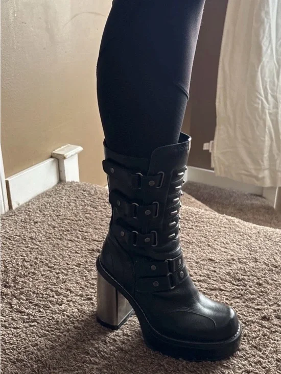 RARE - Y2K Vintage Black New Rock Platform Leather Boots Size 38 W  Or 5UK - Picture 4 of 15